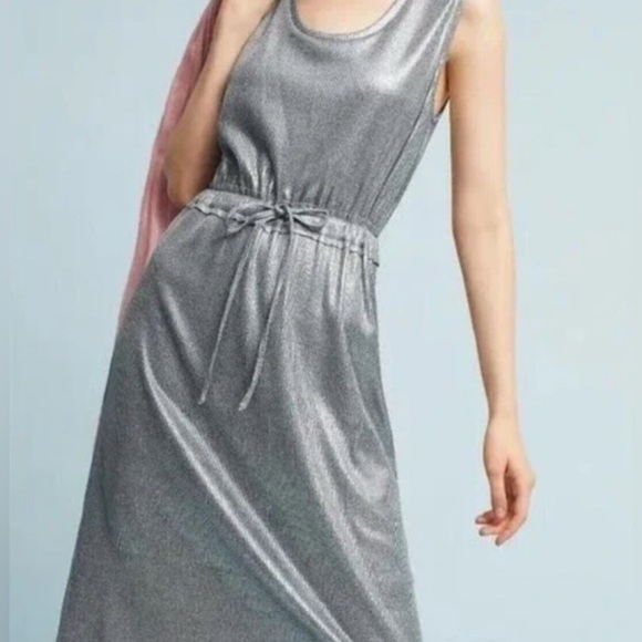 Anthropologie Dolan Metallic Silver Drawstring Ribbed Midi Dress, Size XS - Picture 4 of 10
